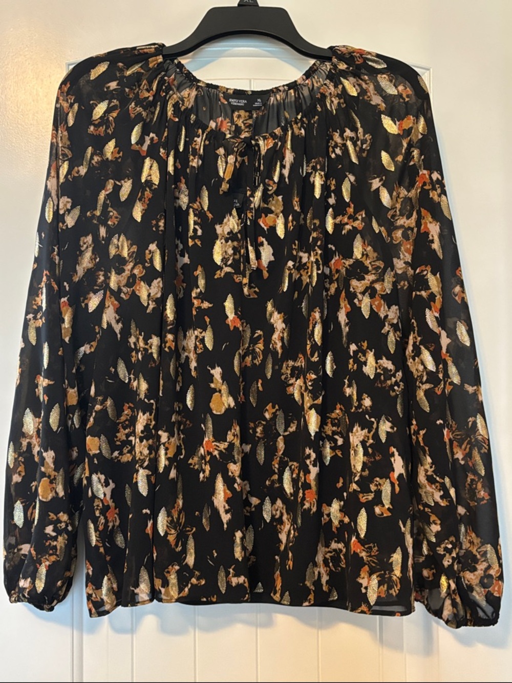 Simply Vera Vera Wang Black Sheer Blouse with Gold and Rust Floral Print